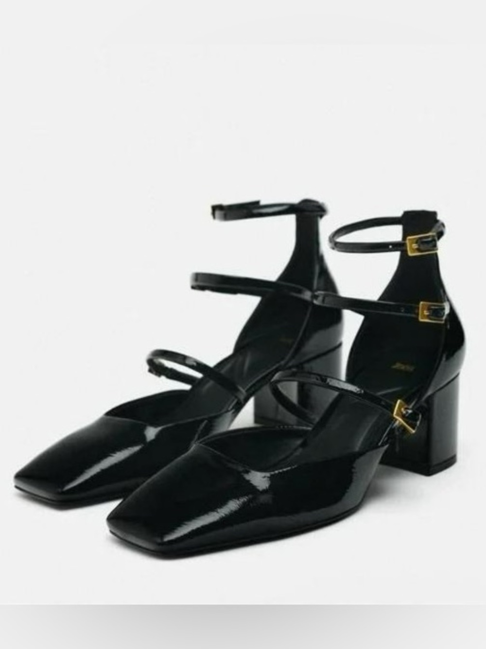 Zara triple-buckle black patent Mary Jane block heels